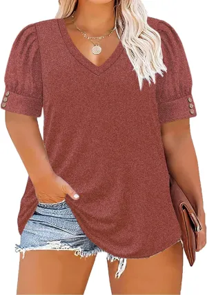 Women's Button Plus Size Tops Pleated Puff Sleeve V Neck Blouses Summer Casual Tunic T Shirt