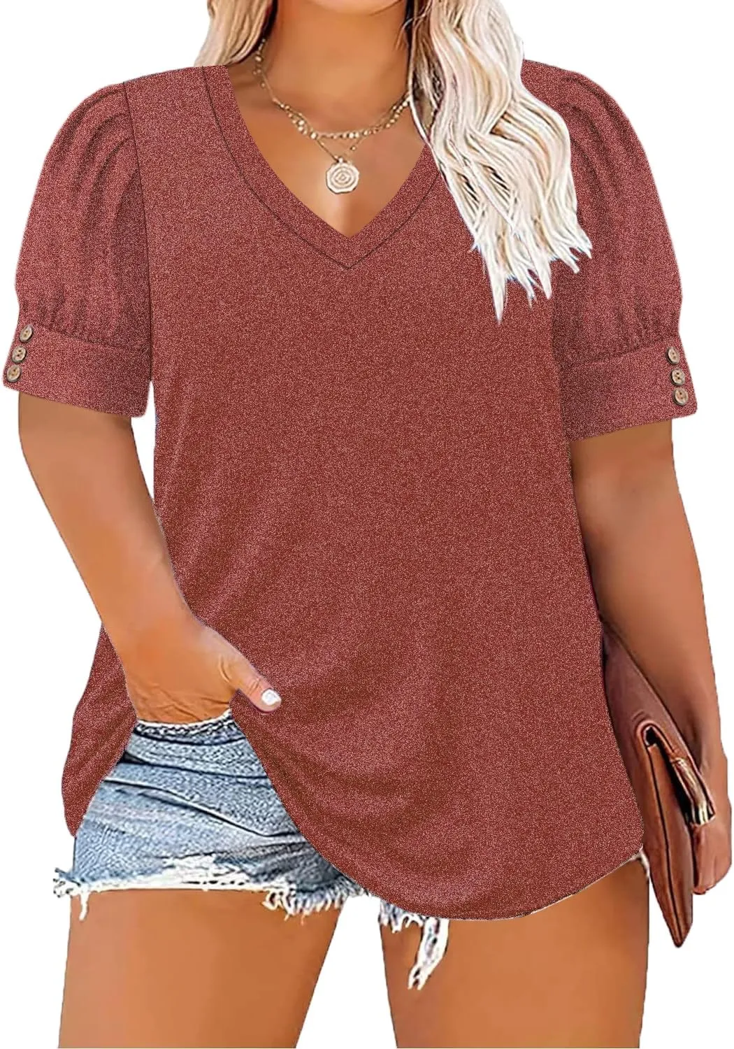 Women's Button Plus Size Tops Pleated Puff Sleeve V Neck Blouses Summer Casual Tunic T Shirt