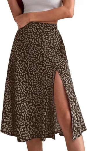 Womens Casual Midi Skirts Boho Floral Print Slit High Waisted A-Line Skirt Summer Sexy Split Beach Skirt