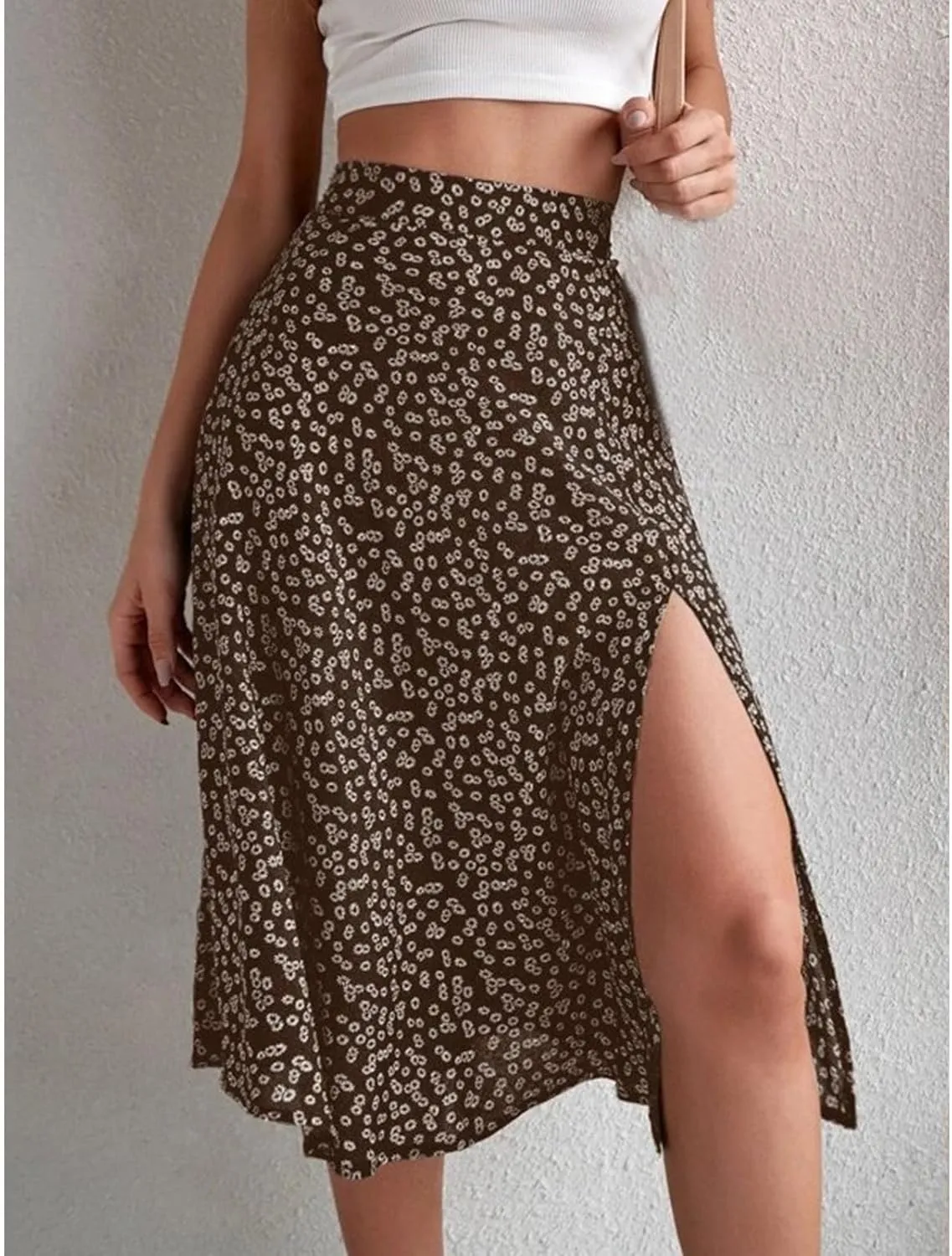 Womens Casual Midi Skirts Boho Floral Print Slit High Waisted A-Line Skirt Summer Sexy Split Beach Skirt