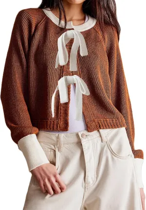 Womens Cropped Cable Knit Cardigan Sweaters Long Sleeve Bow Tie Front Crew Neck Contrast Color Chunky Sweater Tops