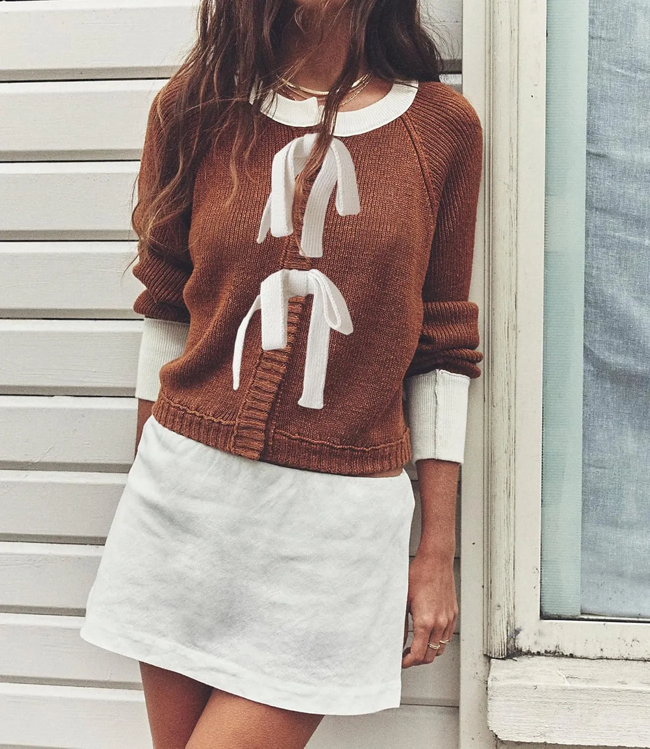 Womens Cropped Cable Knit Cardigan Sweaters Long Sleeve Bow Tie Front Crew Neck Contrast Color Chunky Sweater Tops