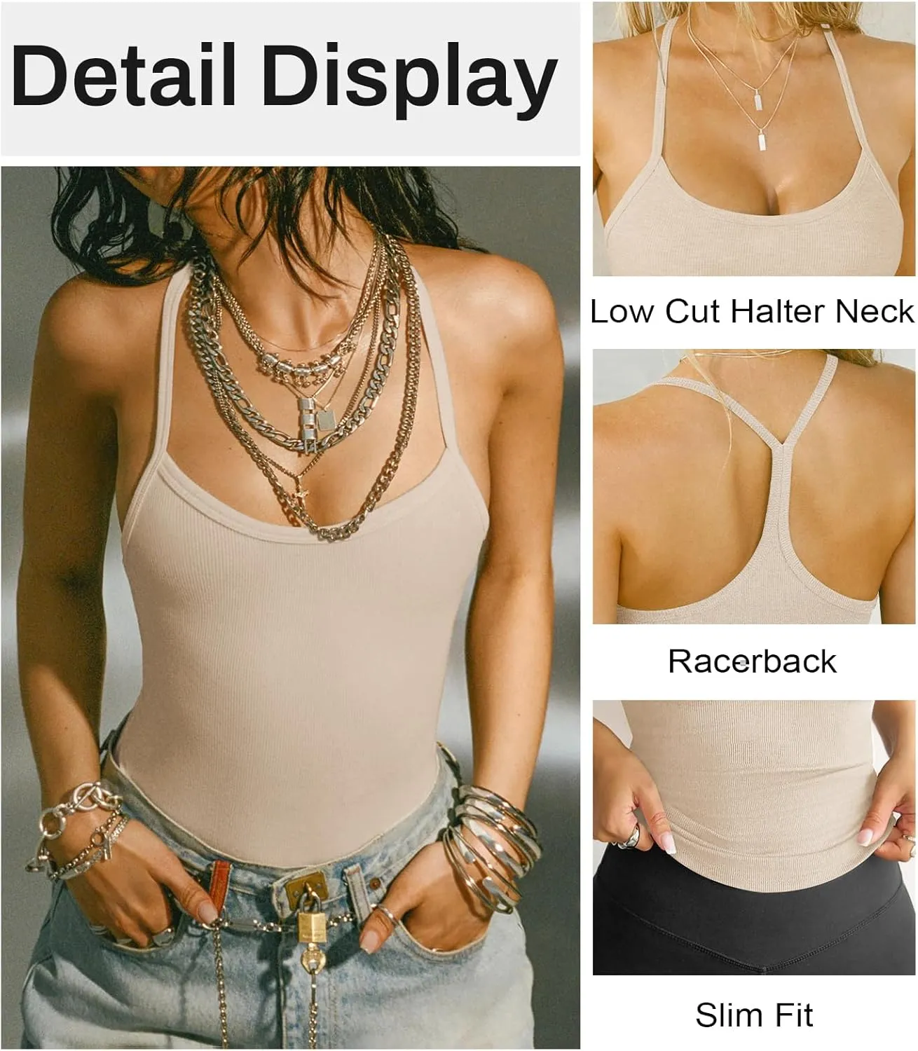Women's Halter Tops Scoop Neck Spaghetti Strap Racerback Tank for Women Sexy Low Cut Ribbed Slim Fitted Workout Camisole Top