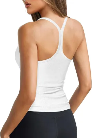 Women's Halter Tops Scoop Neck Spaghetti Strap Racerback Tank for Women Sexy Low Cut Ribbed Slim Fitted Workout Camisole Top