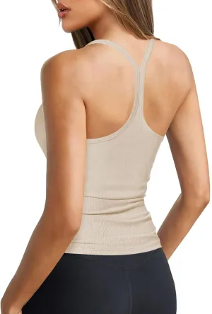 Women's Halter Tops Scoop Neck Spaghetti Strap Racerback Tank for Women Sexy Low Cut Ribbed Slim Fitted Workout Camisole Top