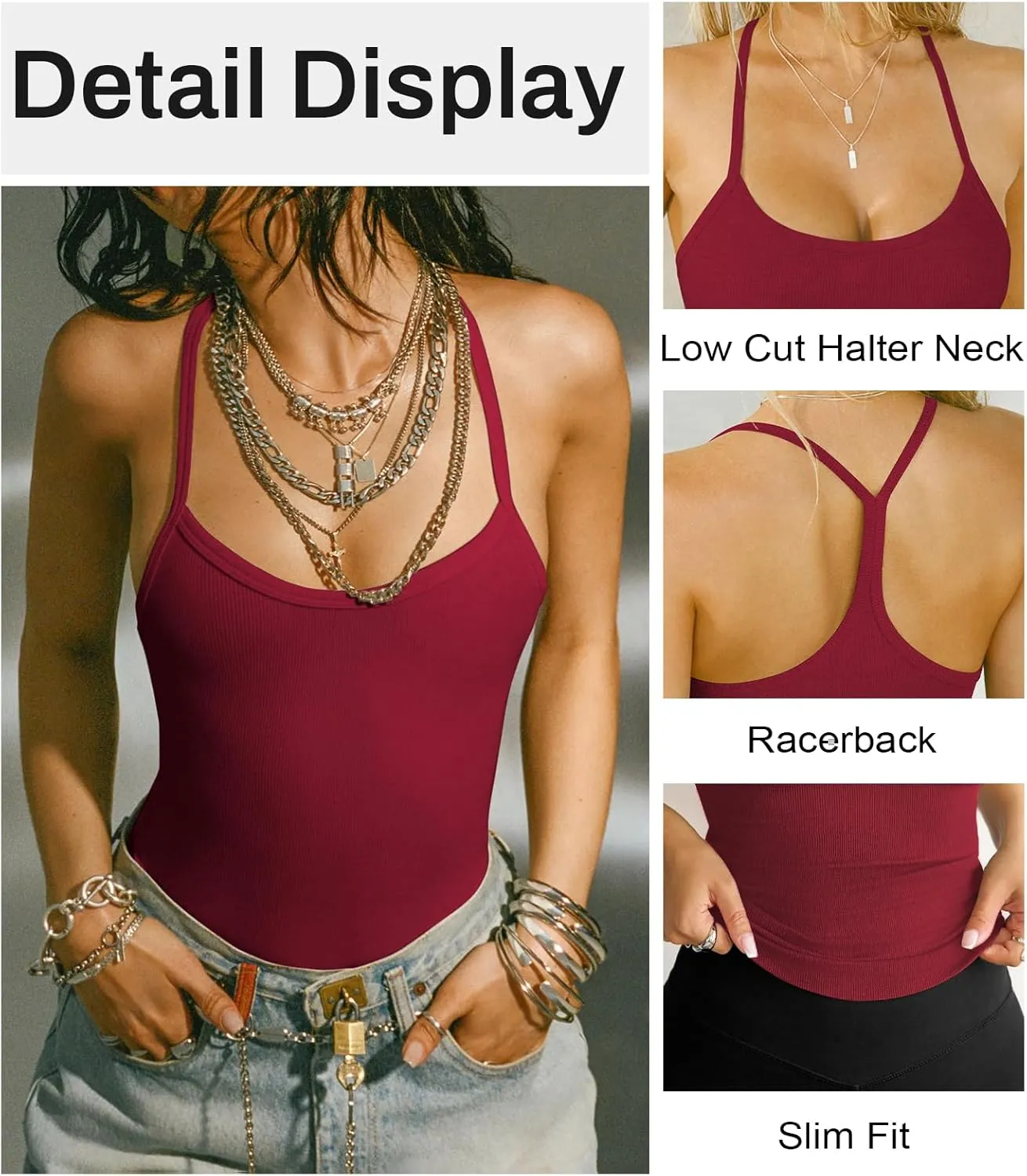 Women's Halter Tops Scoop Neck Spaghetti Strap Racerback Tank for Women Sexy Low Cut Ribbed Slim Fitted Workout Camisole Top