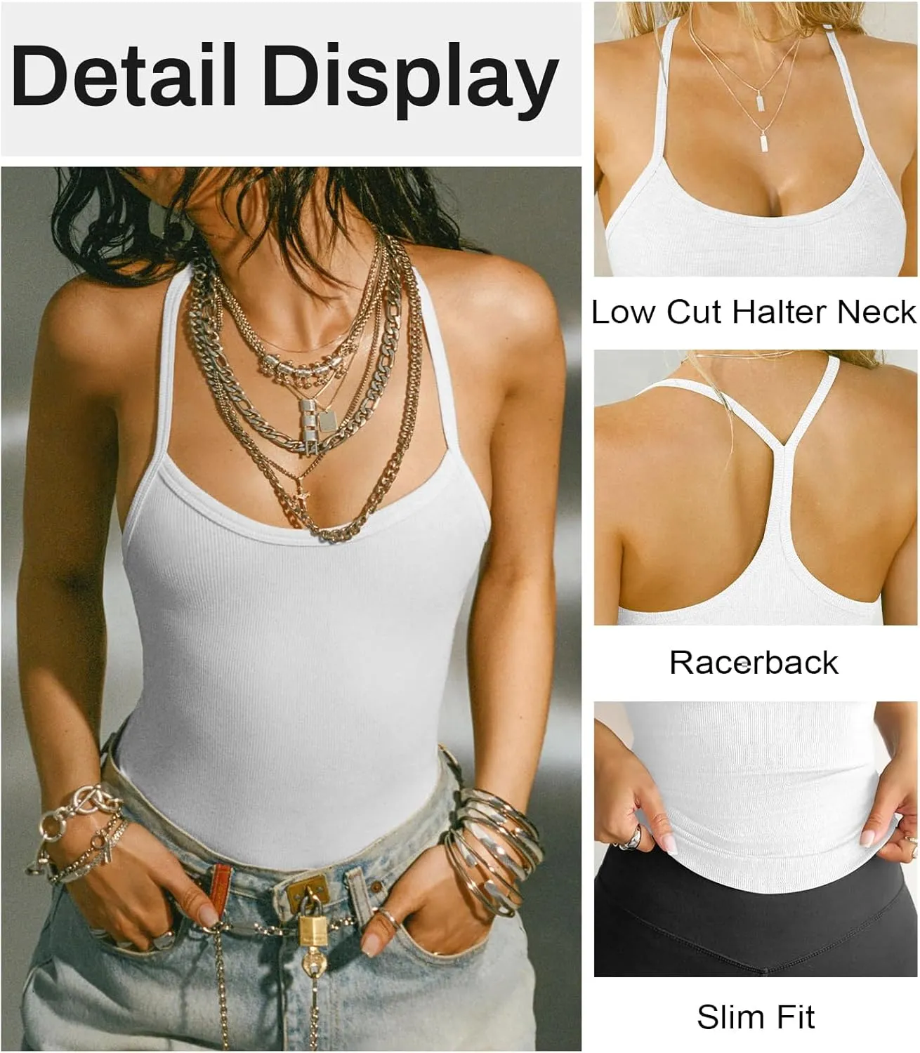 Women's Halter Tops Scoop Neck Spaghetti Strap Racerback Tank for Women Sexy Low Cut Ribbed Slim Fitted Workout Camisole Top