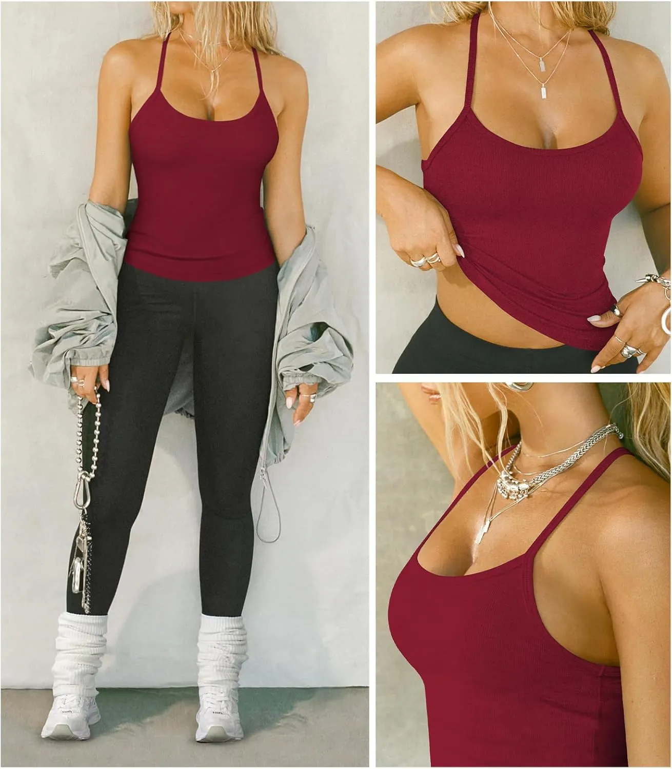 Women's Halter Tops Scoop Neck Spaghetti Strap Racerback Tank for Women Sexy Low Cut Ribbed Slim Fitted Workout Camisole Top