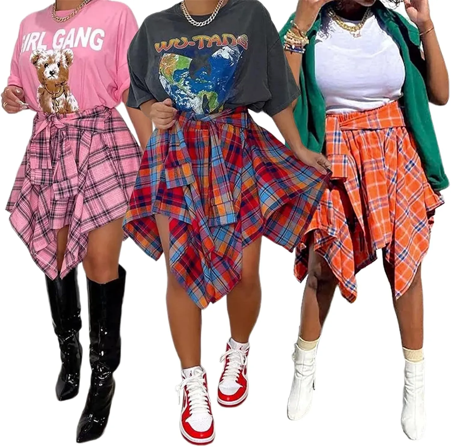 Women's Plaid Skirts High Waisted Knot Front Asymmetrical Hem Mini Skater Skirt