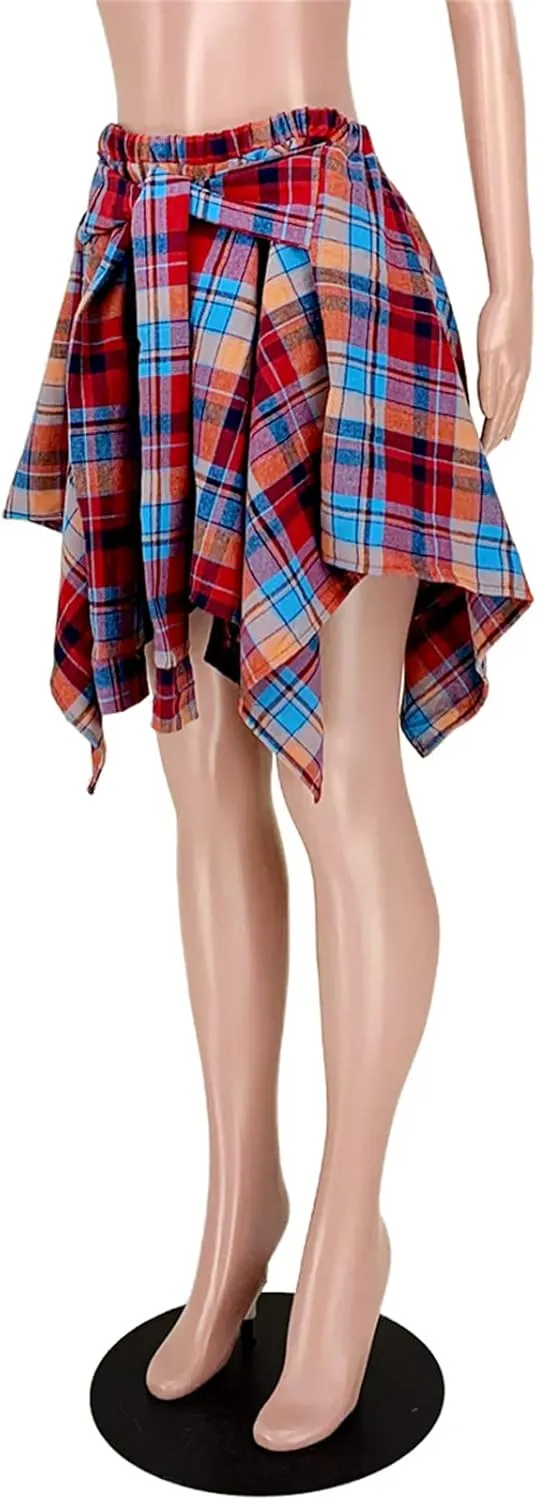Women's Plaid Skirts High Waisted Knot Front Asymmetrical Hem Mini Skater Skirt
