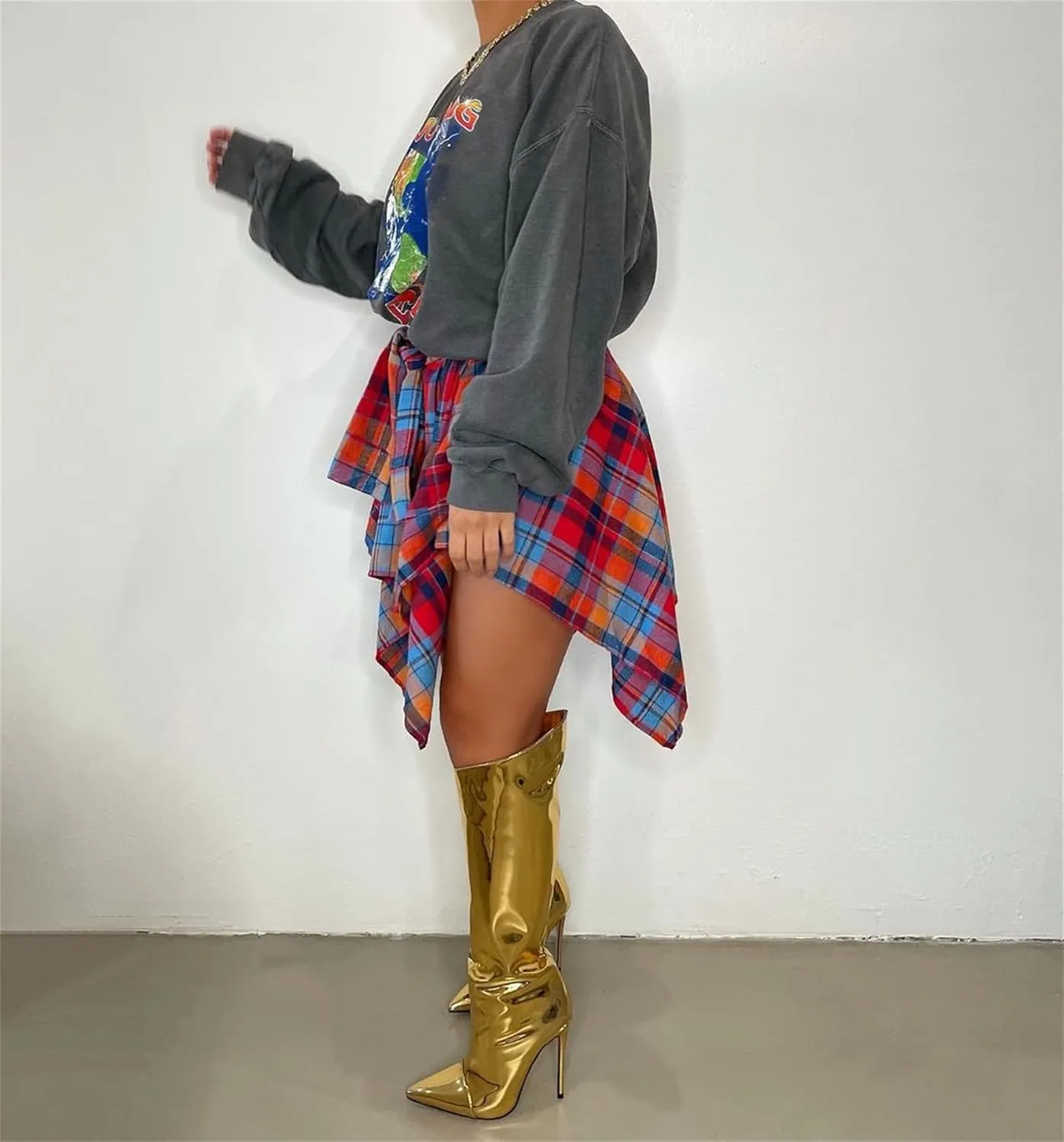 Women's Plaid Skirts High Waisted Knot Front Asymmetrical Hem Mini Skater Skirt