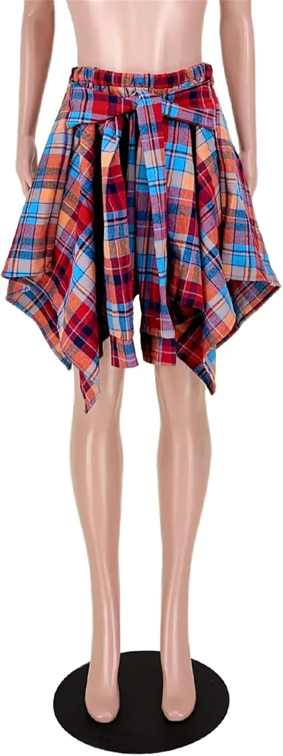 Women's Plaid Skirts High Waisted Knot Front Asymmetrical Hem Mini Skater Skirt