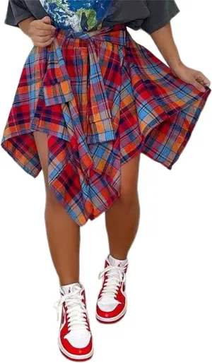 Women's Plaid Skirts High Waisted Knot Front Asymmetrical Hem Mini Skater Skirt