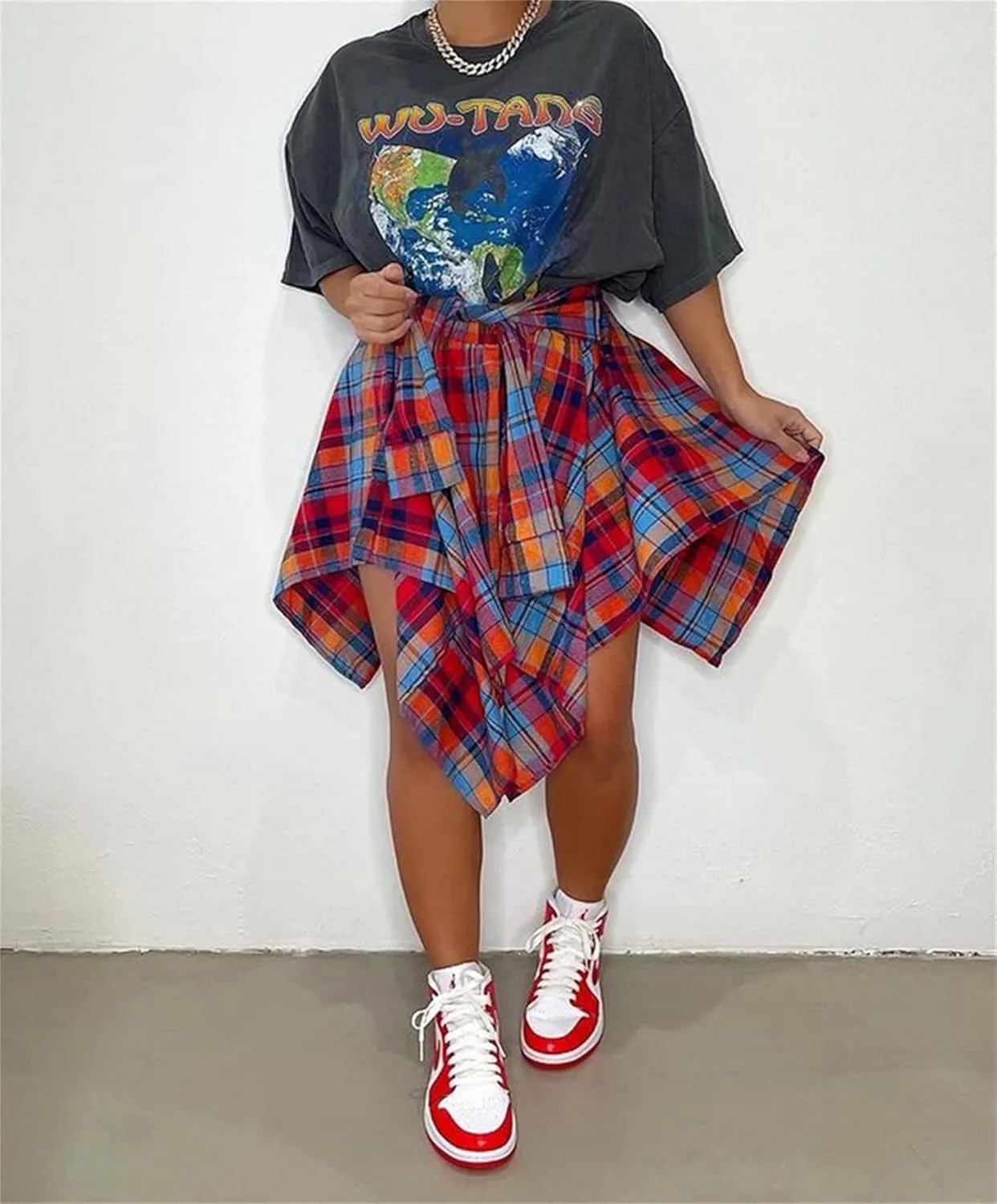 Women's Plaid Skirts High Waisted Knot Front Asymmetrical Hem Mini Skater Skirt