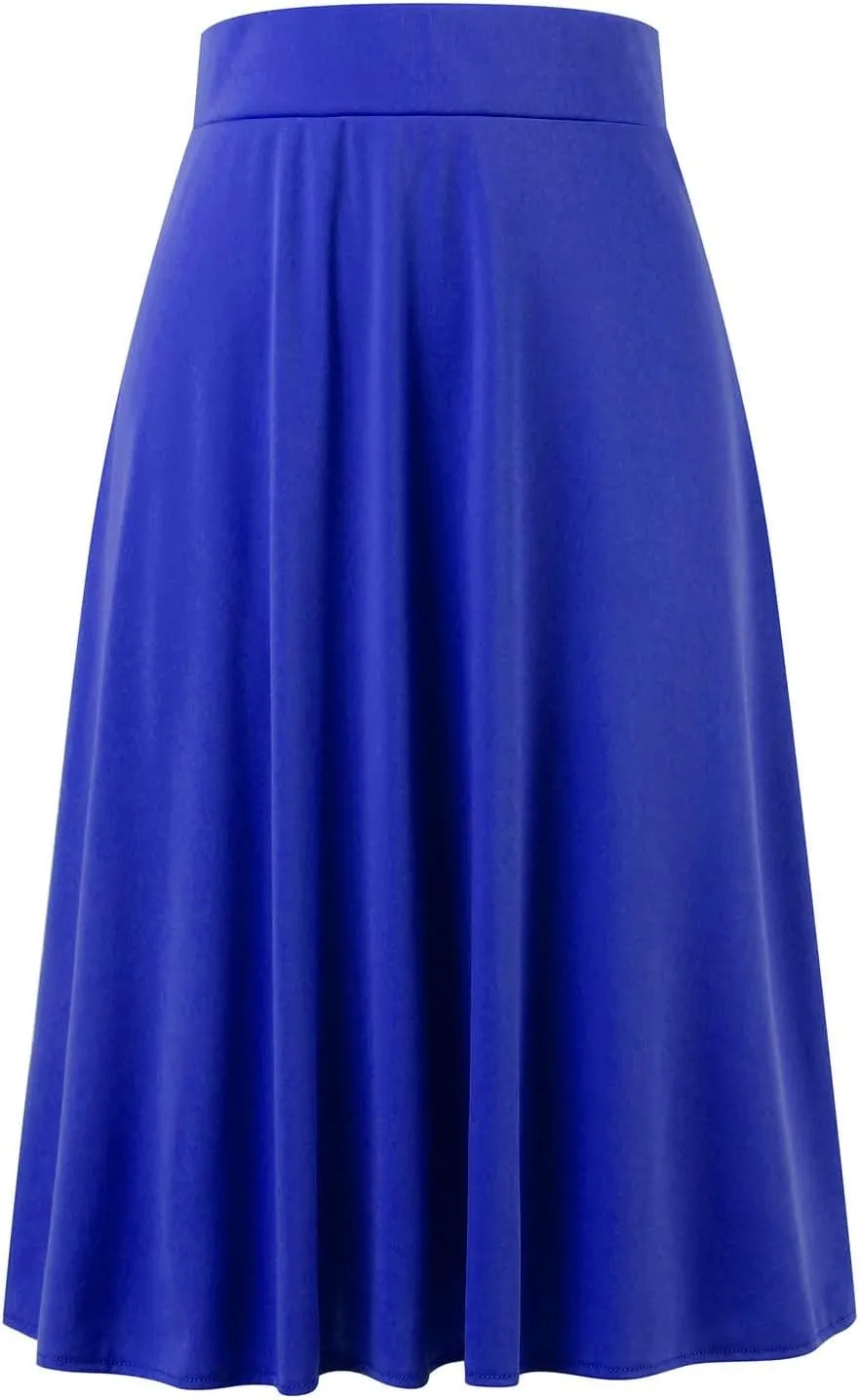 Womens Satin A-Line Skirt Bright Face High Waist Solid Color Side Split Skirt with Zipper Knee Length Office