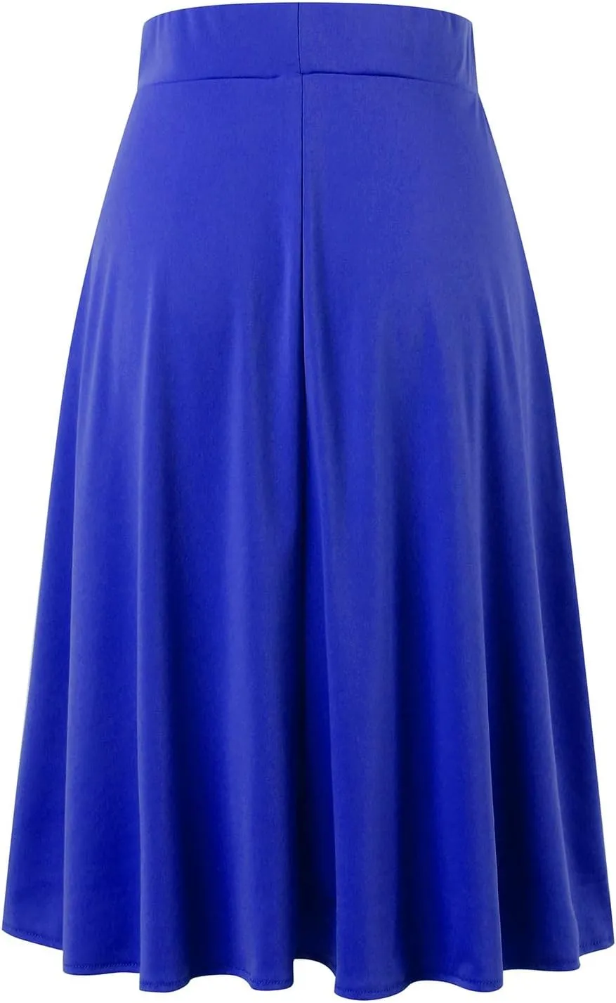 Womens Satin A-Line Skirt Bright Face High Waist Solid Color Side Split Skirt with Zipper Knee Length Office