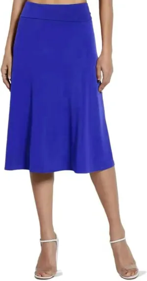 Womens Satin A-Line Skirt Bright Face High Waist Solid Color Side Split Skirt with Zipper Knee Length Office