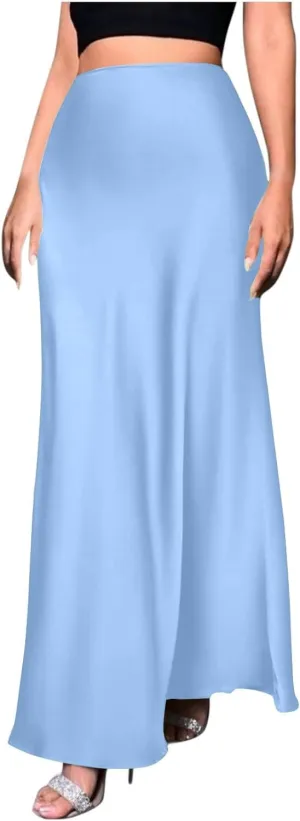Womens Satin High Waist Elastic Maxi Skirt Silk Elegant Dressy Bodycon A-Line Long Skirts Cocktail Party Outfits