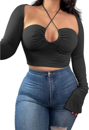 Women's Sexy Halter Criss Cross Tie Up Crop Top Basic Long Sleeve Cut Out T Shirt