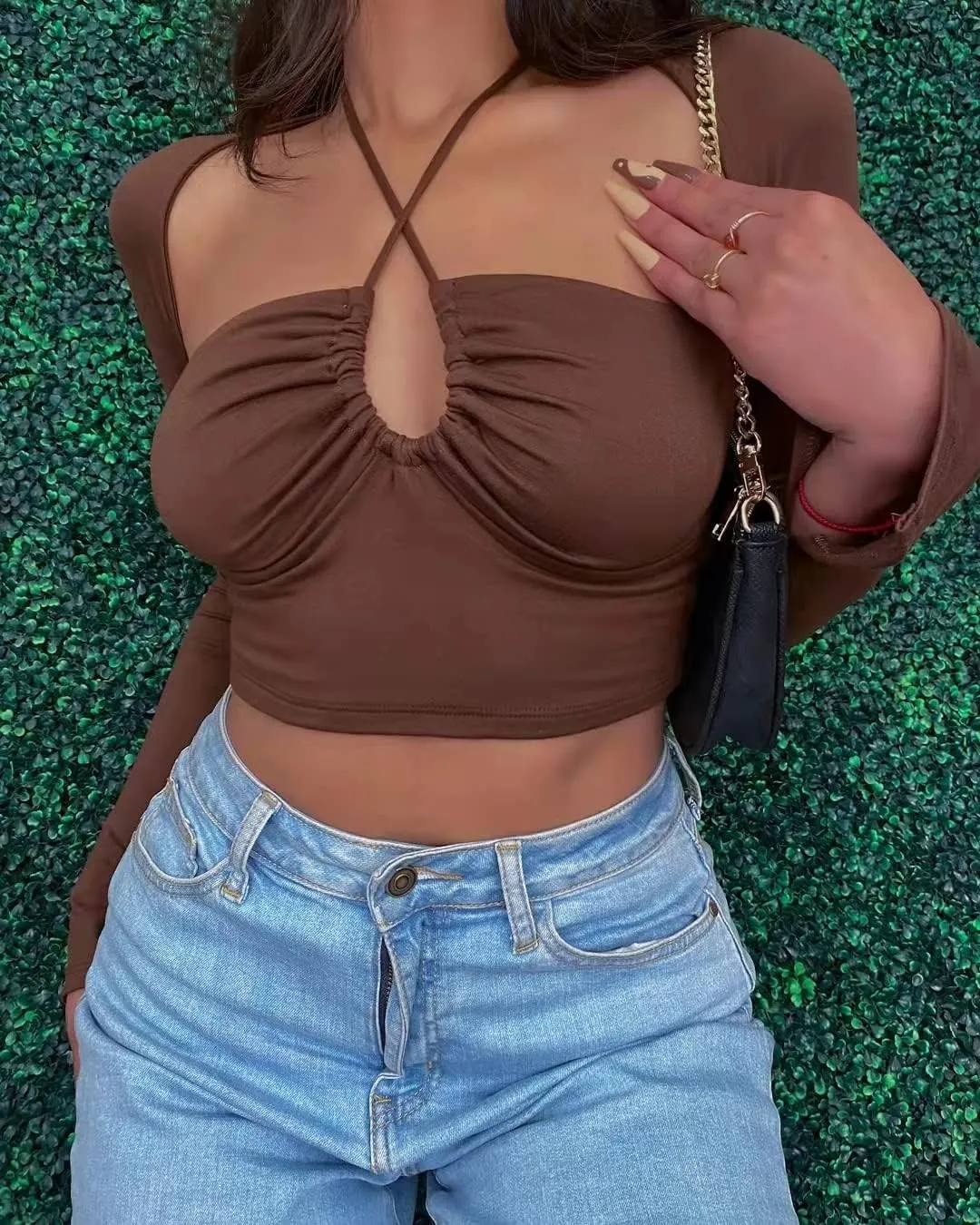 Women's Sexy Halter Criss Cross Tie Up Crop Top Basic Long Sleeve Cut Out T Shirt