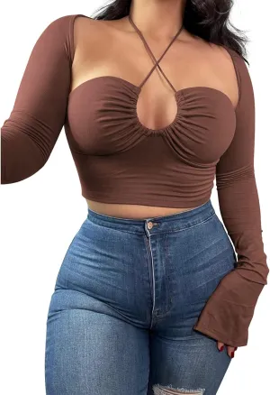 Women's Sexy Halter Criss Cross Tie Up Crop Top Basic Long Sleeve Cut Out T Shirt