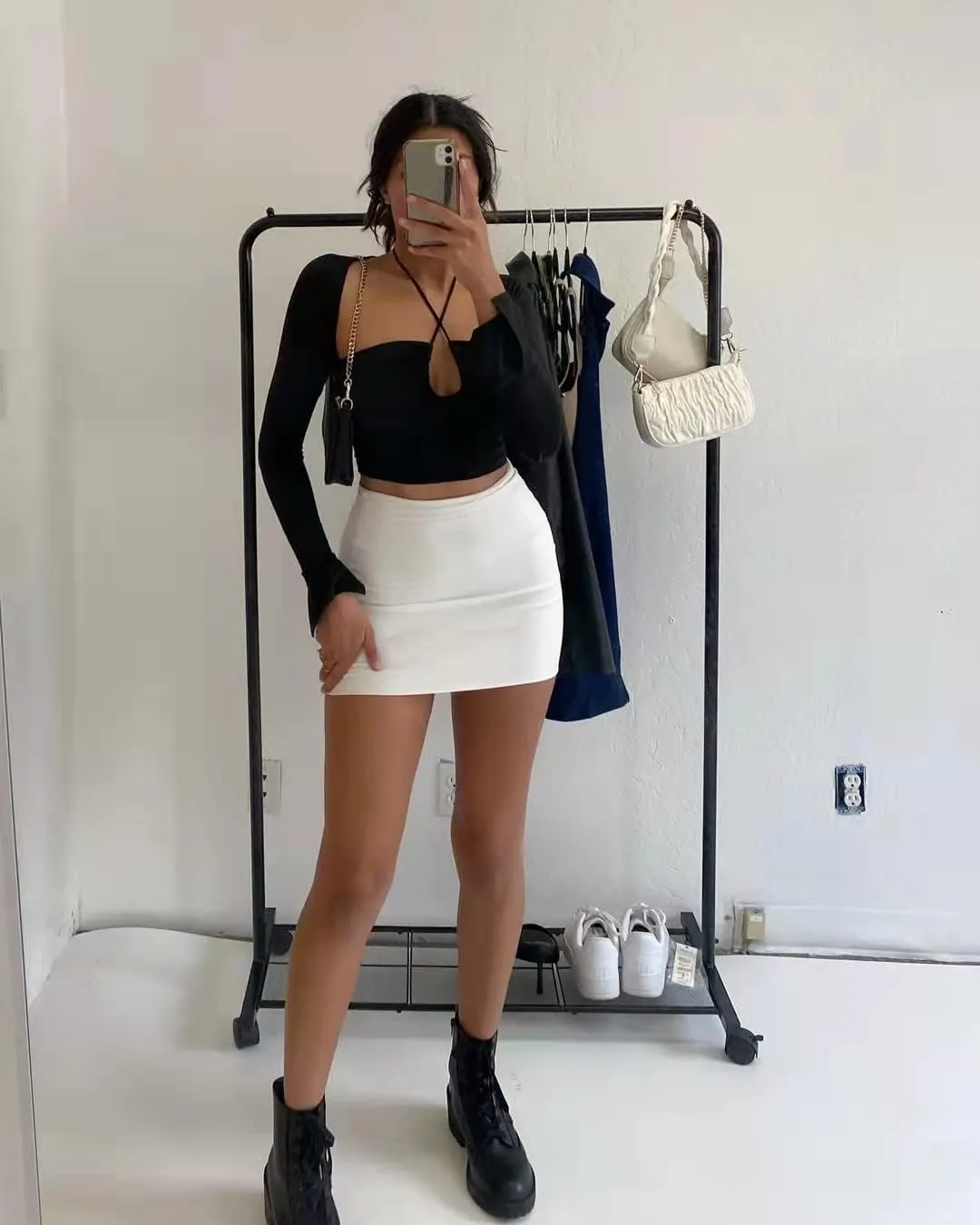 Women's Sexy Halter Criss Cross Tie Up Crop Top Basic Long Sleeve Cut Out T Shirt