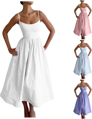 Women's Sexy Low Cut Spaghetti Strap Long Dresses Sleeveless Backless Slimd Midi Dress Square Neck Bustier Dress