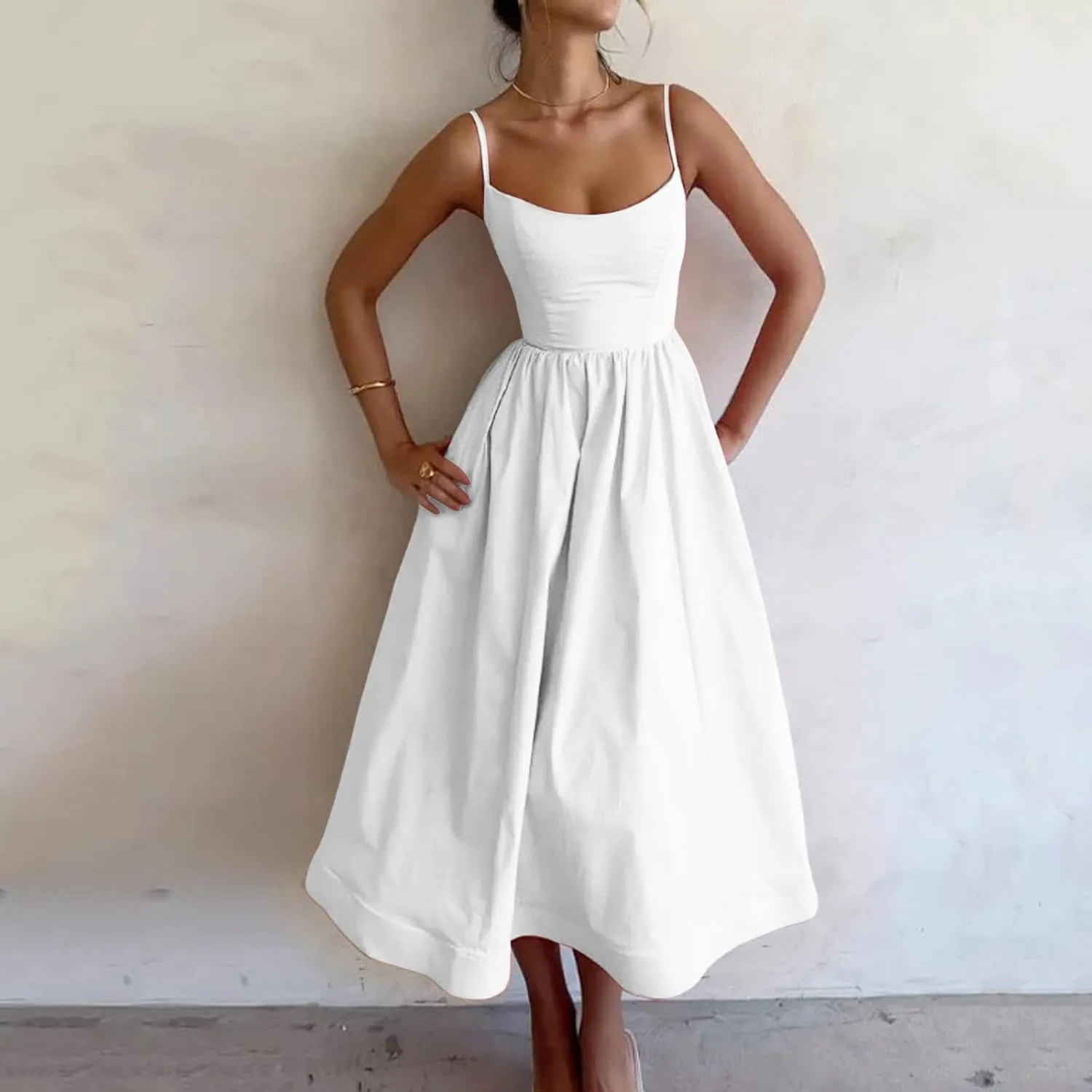 Women's Sexy Low Cut Spaghetti Strap Long Dresses Sleeveless Backless Slimd Midi Dress Square Neck Bustier Dress