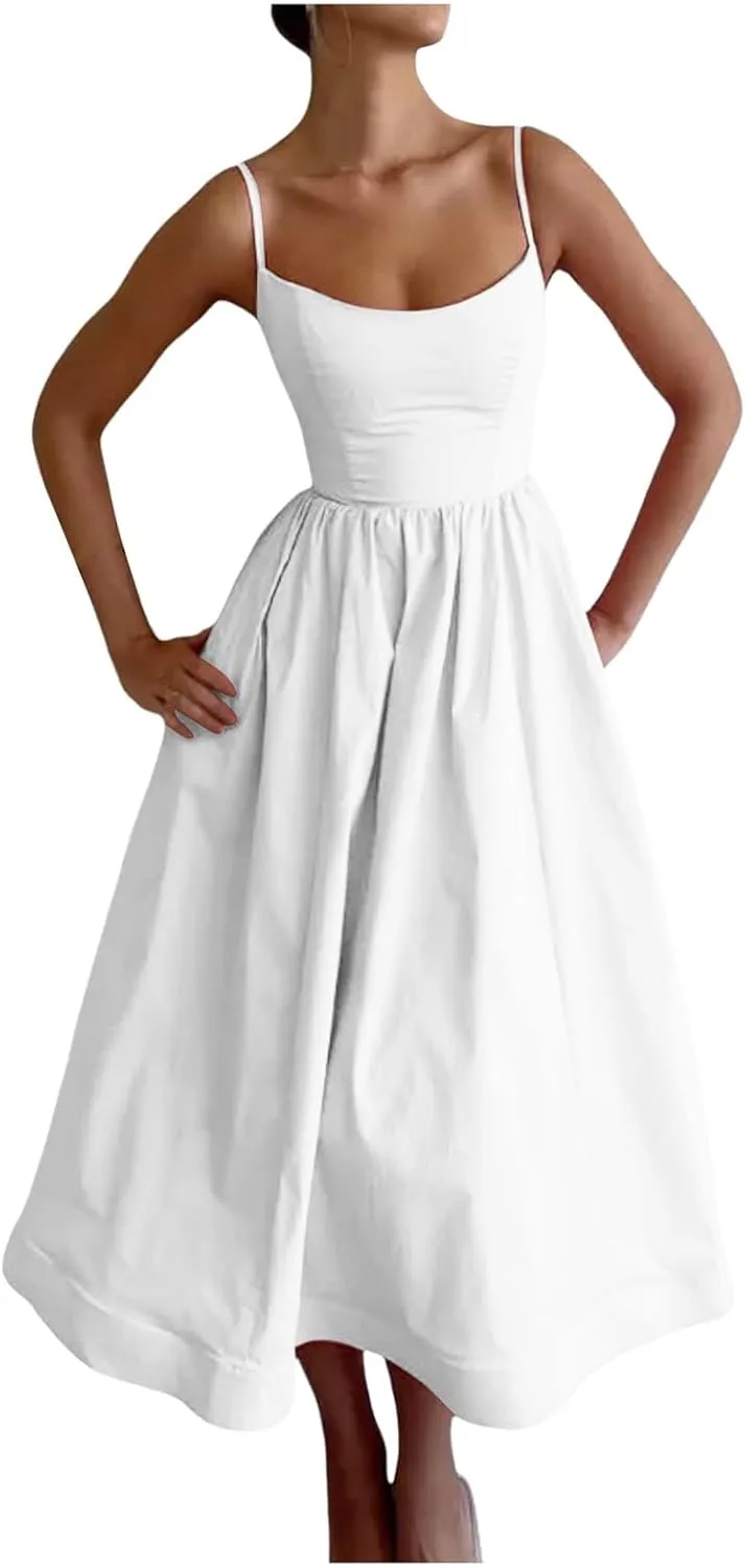 Women's Sexy Low Cut Spaghetti Strap Long Dresses Sleeveless Backless Slimd Midi Dress Square Neck Bustier Dress
