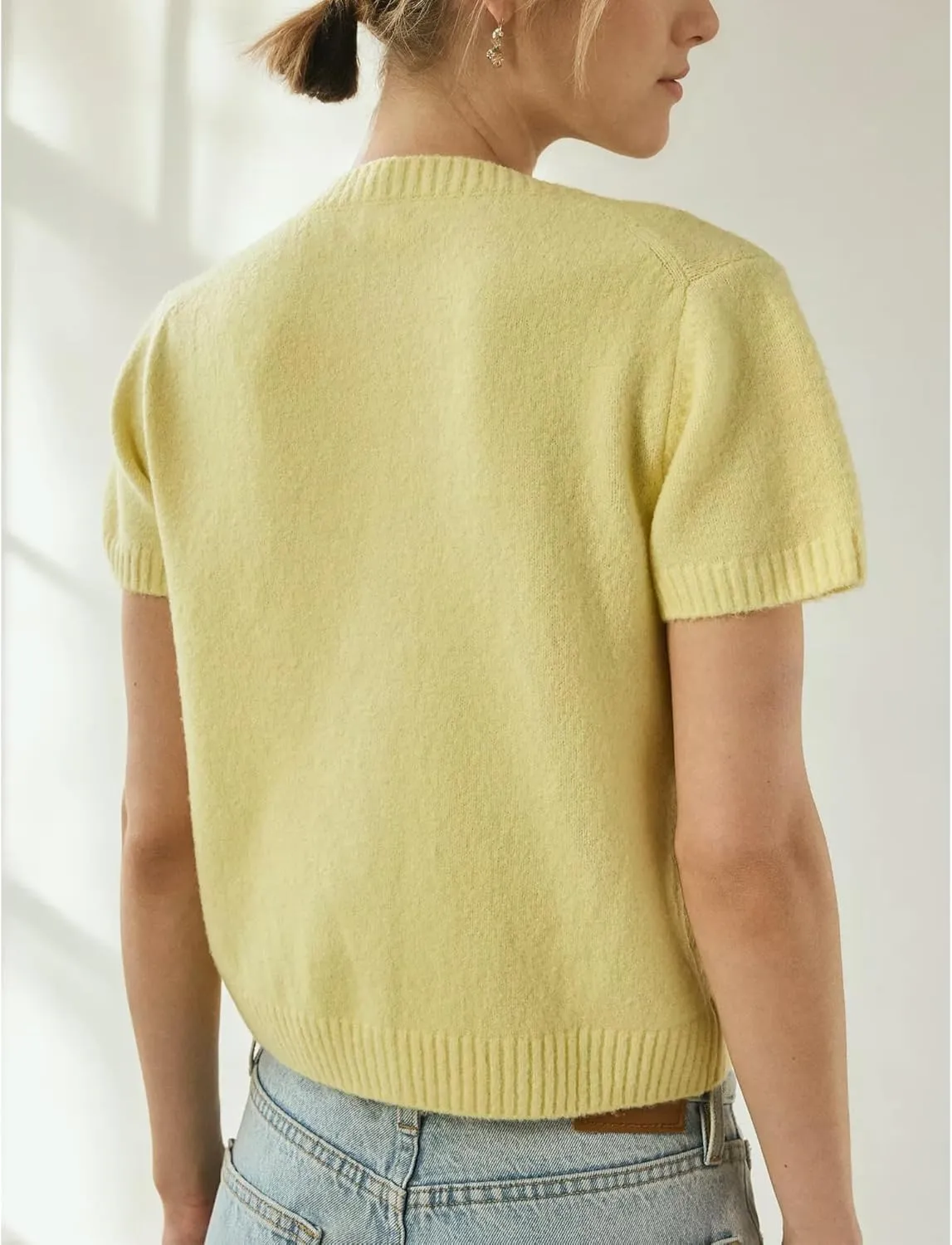 Womens Short Sleeve Cardigan Button Down Sweaters Knitted Casual Solid Color Outerwear Lightweight Cropped Tops