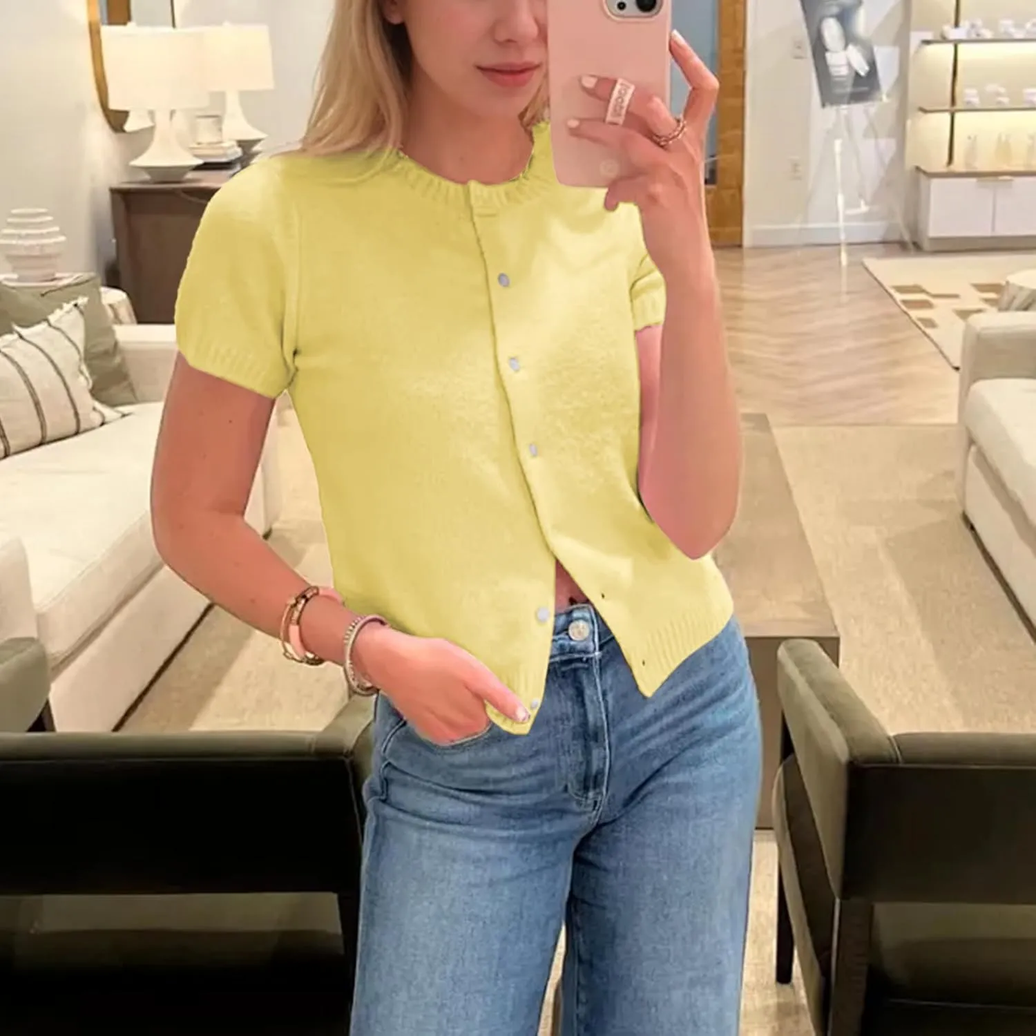 Womens Short Sleeve Cardigan Button Down Sweaters Knitted Casual Solid Color Outerwear Lightweight Cropped Tops