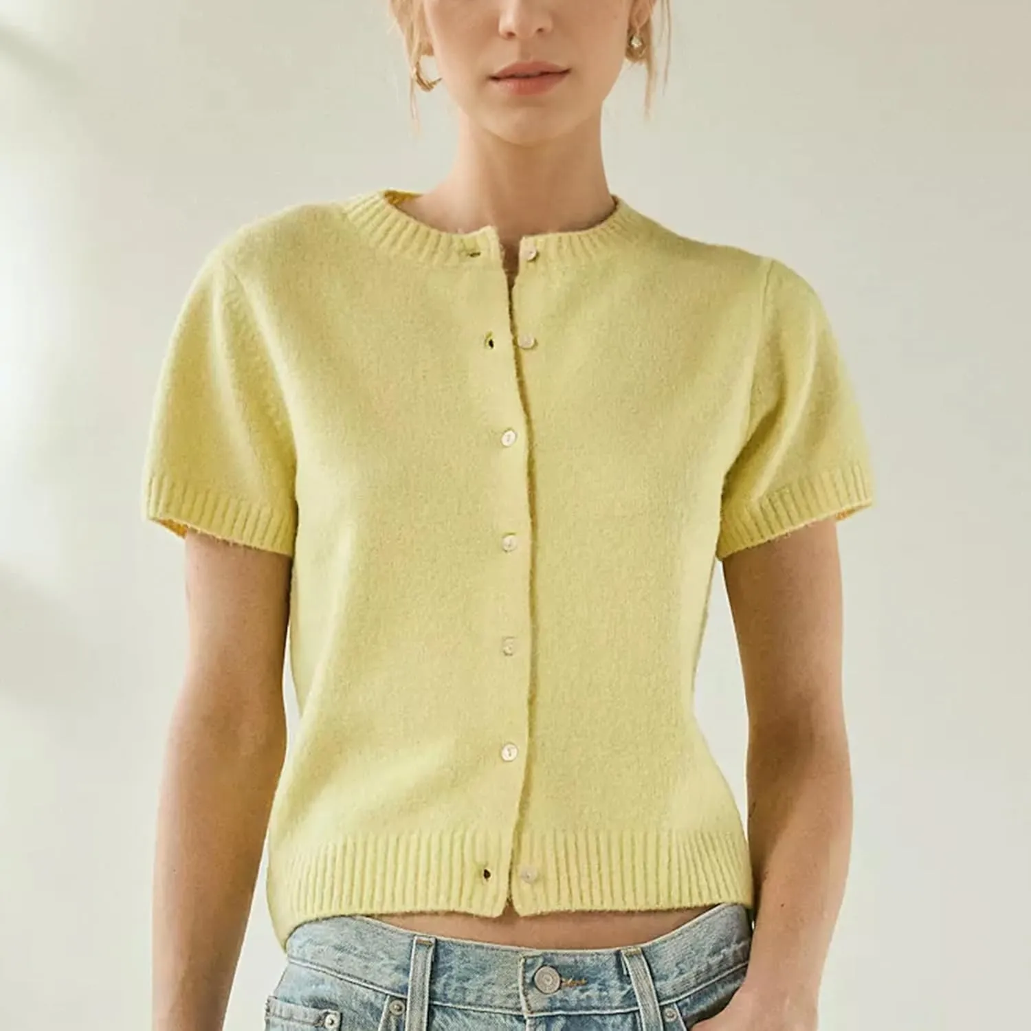 Womens Short Sleeve Cardigan Button Down Sweaters Knitted Casual Solid Color Outerwear Lightweight Cropped Tops