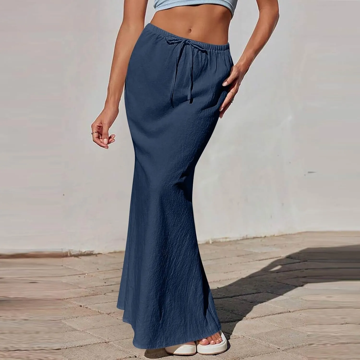 Womens Summer Maxi Skirt Drawstring High Elastic Waist Skirts Linen Flared Skirt Slim Fitted Going Out Casual Midi Skirts