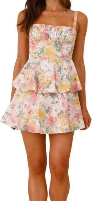 Women's Summer Spaghetti Strap Floral Mini Dress Tie Back Sleeveless Tiered Ruffle Layered Party Beach Short Sundress