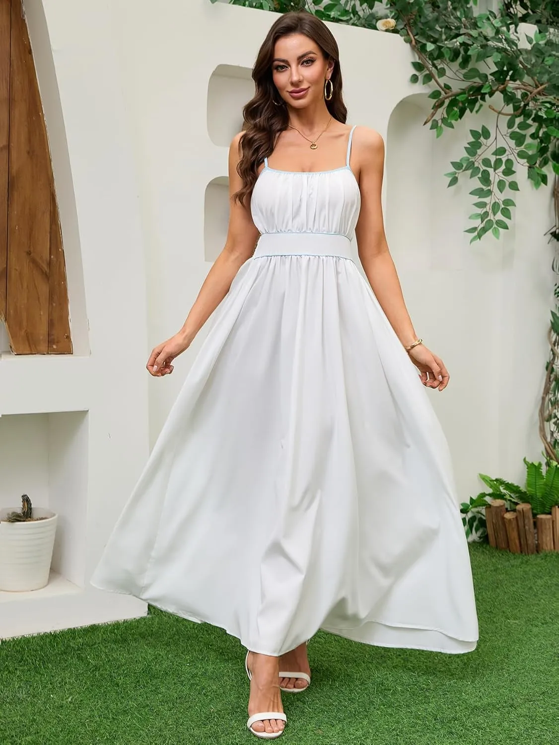 Women's Summer Sundress Solid Color Boho Beach A line Maxi Dress Adjustable Slim Straps Stretch Casual Maxi Dress