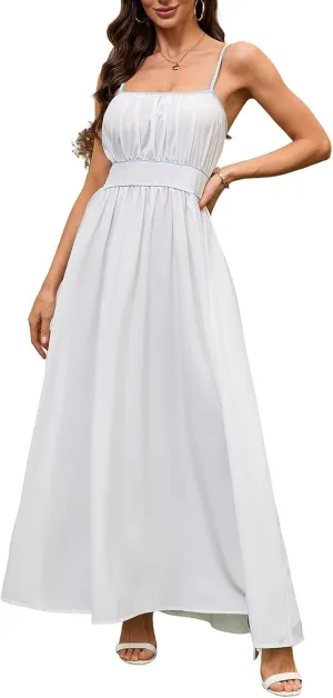 Women's Summer Sundress Solid Color Boho Beach A line Maxi Dress Adjustable Slim Straps Stretch Casual Maxi Dress