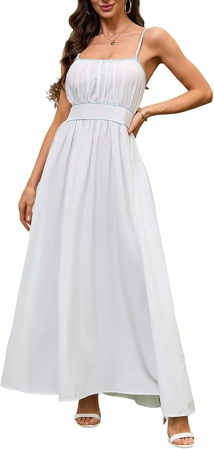 Women's Summer Sundress Solid Color Boho Beach A line Maxi Dress Adjustable Slim Straps Stretch Casual Maxi Dress