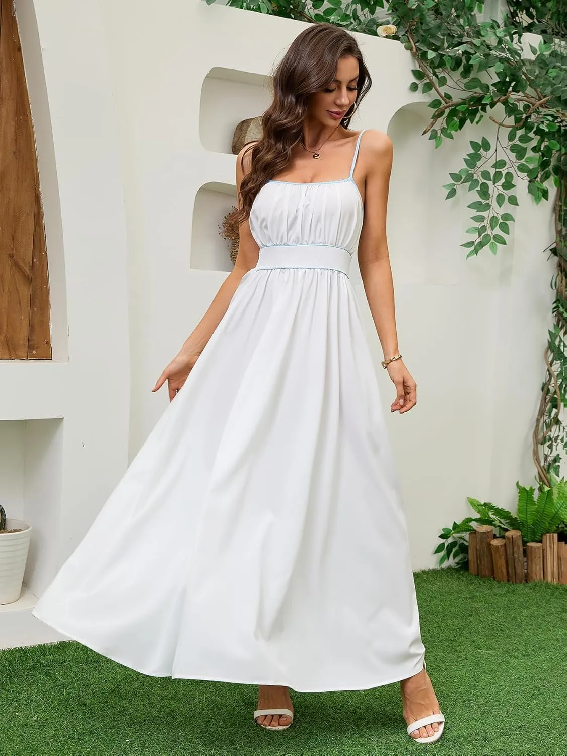Women's Summer Sundress Solid Color Boho Beach A line Maxi Dress Adjustable Slim Straps Stretch Casual Maxi Dress