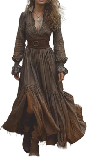 Womens Vintage Pastoral Boho Floral Maxi Dress V-Neck Long Sleeve Dress Western Tunic Ruffle Tiered Flowy Dresses