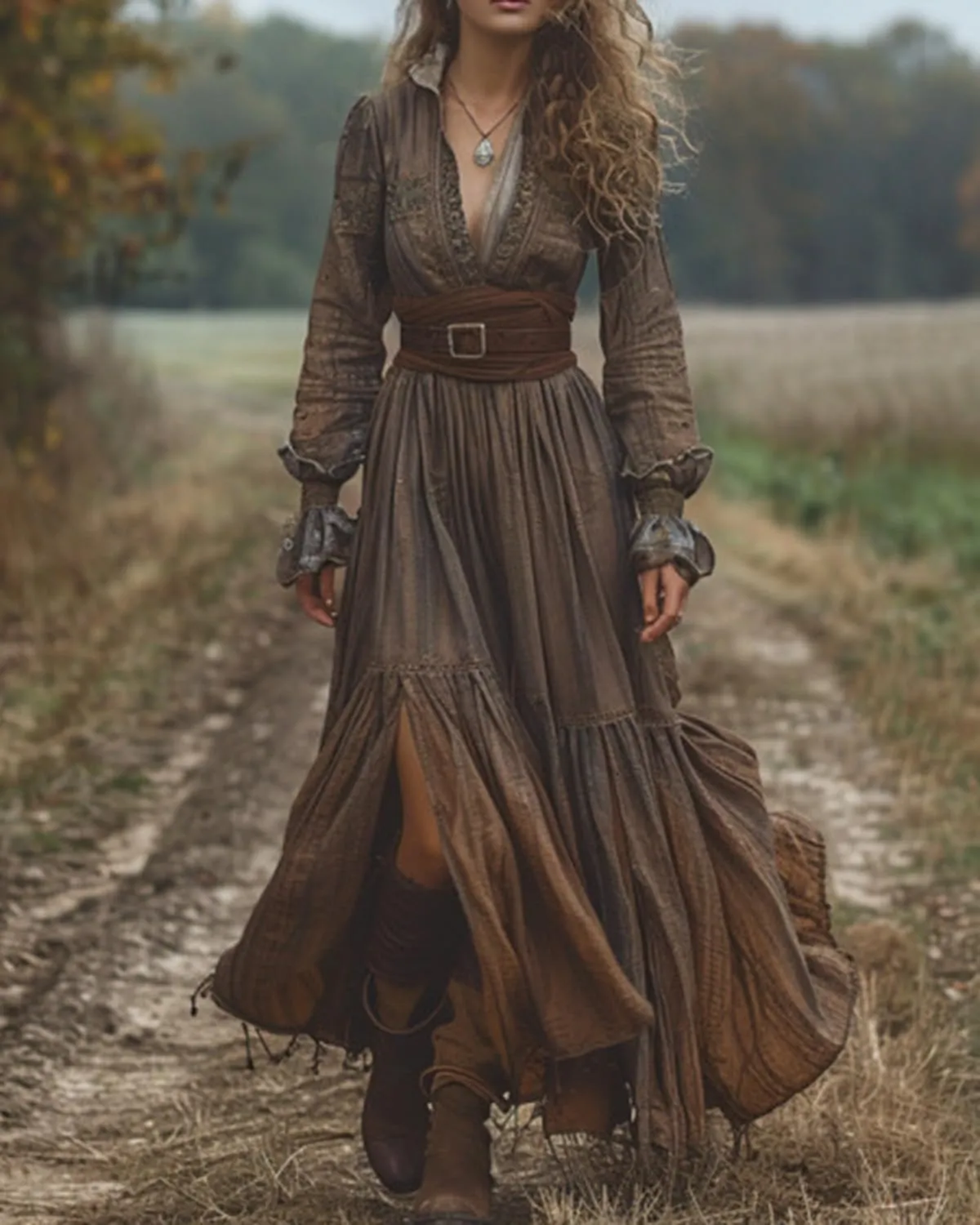 Womens Vintage Pastoral Boho Floral Maxi Dress V-Neck Long Sleeve Dress Western Tunic Ruffle Tiered Flowy Dresses